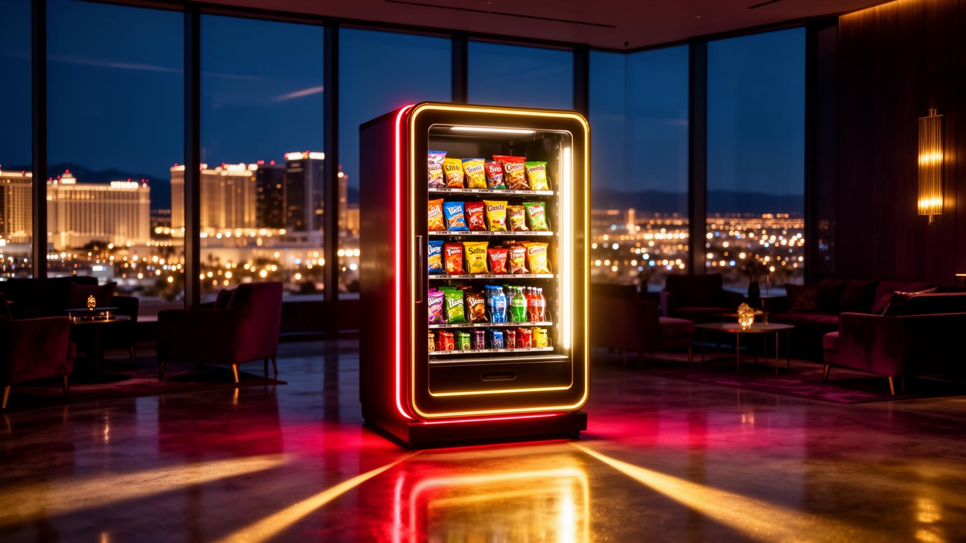 Glowing modern vending machine in a luxurious Vegas-inspired lounge at dusk